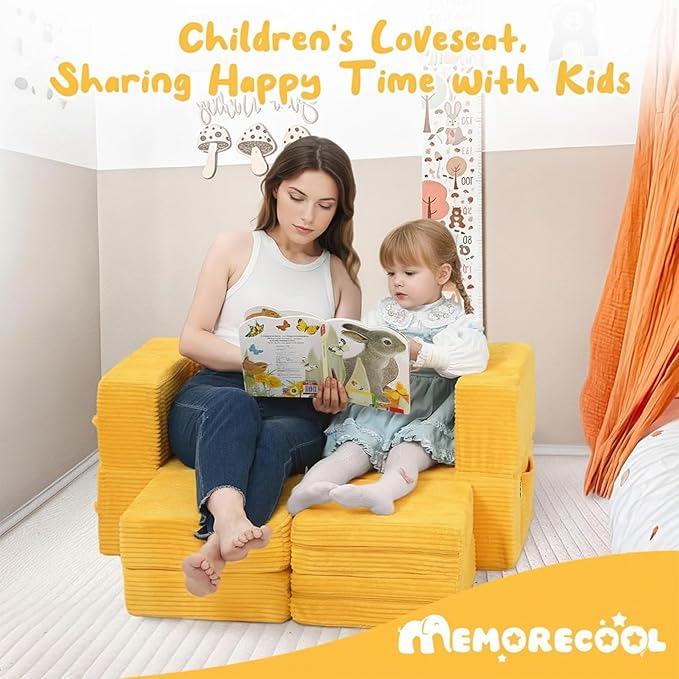 MeMoreCool Modular Kids Couch, Corduroy Play Toddler Couch for Bedroom Playroom Furniture, Convertible Foam Kids Sofa Bed, Fold Out Baby Sofa for Girl Boy, Yellow