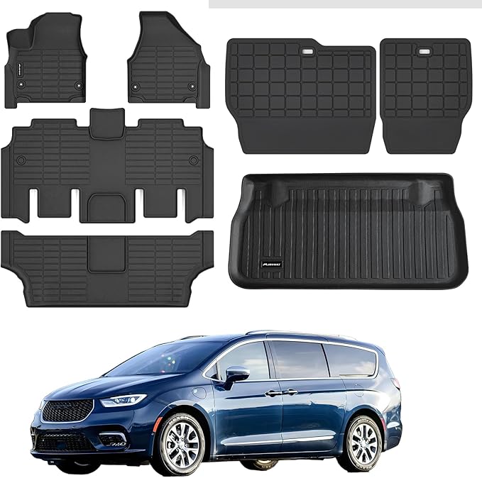 Floor Mats for 2017-2024 2025 Chrysler Pacifica Gas Touring Version Fit 7&8 Passenger Model (Non Hybrid & Pinnacle) & Trunk Mat & Backrest Mat,TPE All Weather Protection Car Mats Full Set