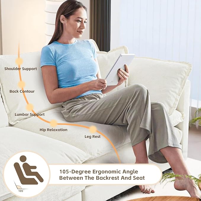 SoarFlash Chenille Sectional Sofa, Comfy L/U Shaped Modular Coush Sofa with Ottoman, Modern 4 Seat Couch Deep Seat Sofa Set for Living Room,White