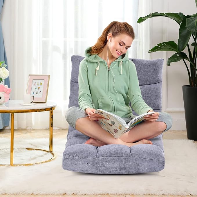 Giantex Floor Chairs for Adults - Floor Gaming Chair with Back Support, Coral Velvet, 14 Adjustable Position, Thick Sponge Padding, Floor Seating Lounge for Reading, Watching TV, Meditation (Grey)