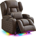 Wall Hugger Power Recliner Chair with Heat and Massage, Overstuffed Reclining Sofa Chair for Living Room Home Theater RV with 3-Side LED Lights/Cup Holders/USB & Type C Port (Coffee)