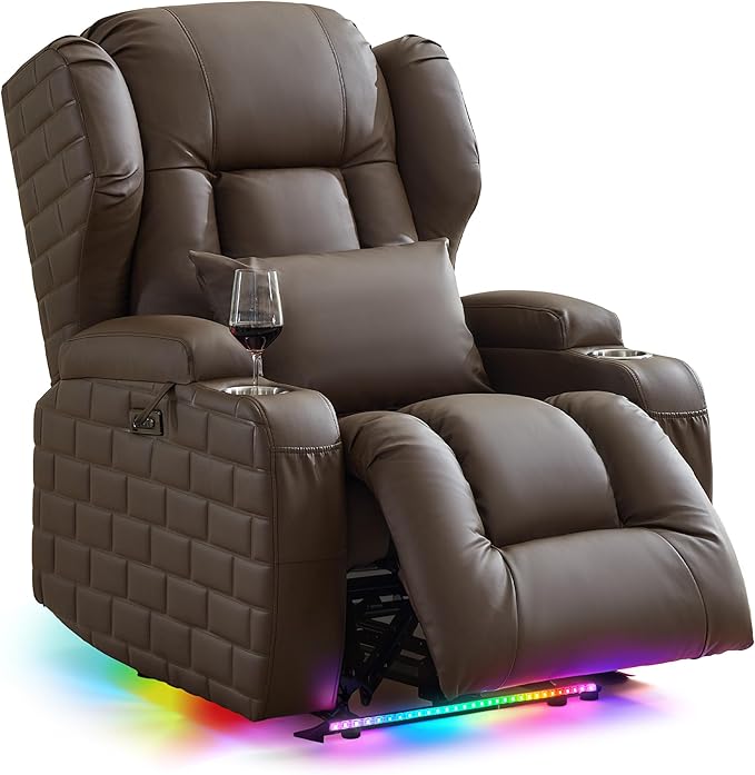Wall Hugger Power Recliner Chair with Heat and Massage, Overstuffed Reclining Sofa Chair for Living Room Home Theater RV with 3-Side LED Lights/Cup Holders/USB & Type C Port (Coffee)