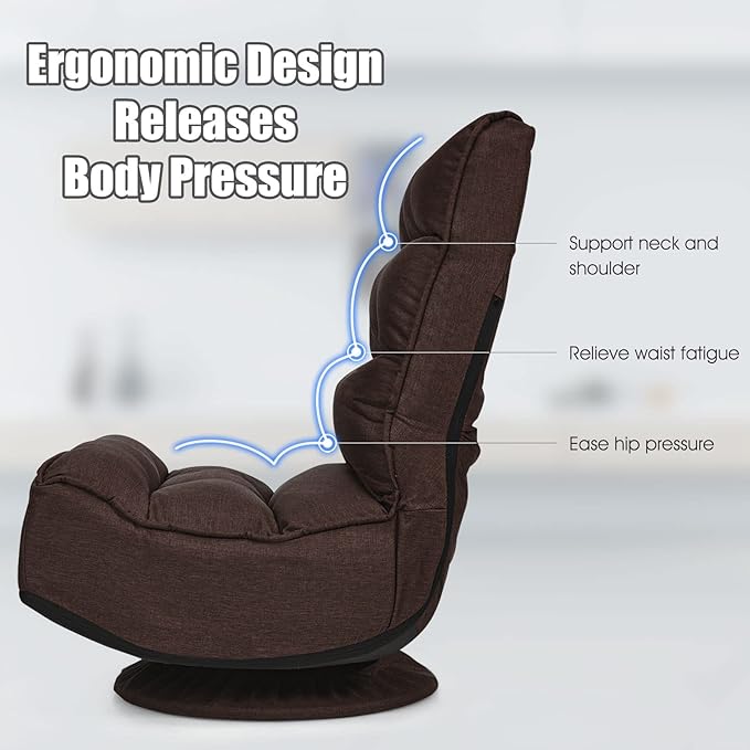 Giantex 360 Degree Swivel Gaming Chair, 6 Position Adjustable Folding Floor Chair, Nearly 300lb Spring Support, Comfortable Padded Backrest, Lazy Sofa Chair Game Rocker for Teens Adults (Brownness)