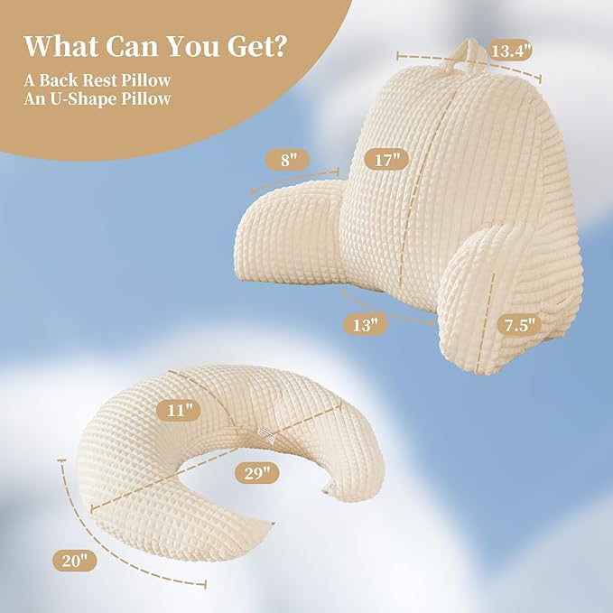 PAJEO Reading Pillow for Bed,U Shaped & Back Support Pillow for Bed,17" Backrest with Lumbar & Arm Support,Comfy Flannel Fabric,Lap Pillow for Gaming/Reading/Watching TV,White