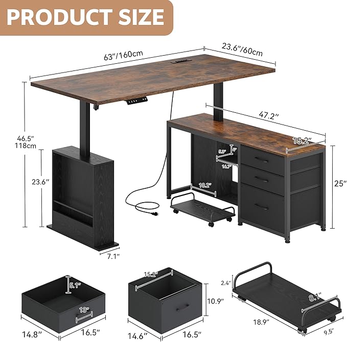 63" L Shaped Standing Desk with 3 Drawers Electric Adjustable Height Desk Corner Standing Desk with Storage Computer Game Desk with Power Outlets Computer Tower Stand for Home Office, Brown