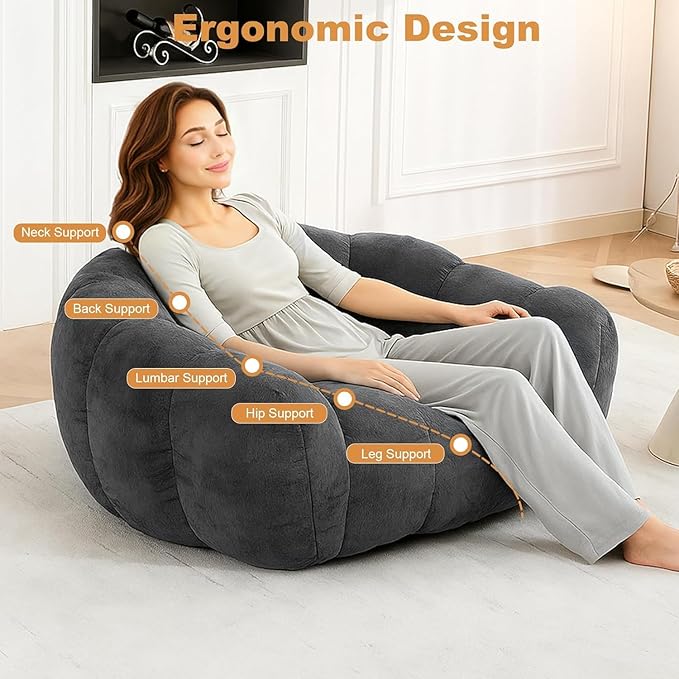 Giant Bean Bag Chair, Bean Bag Chairs for Adults Kids, Oversized Plush Bean Bag Couch with Armrest, Large Chair with Filler, Stuffed Accent Chair Lounge Floor Sofa for Gaming, Reading, Grey