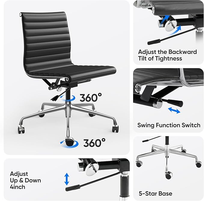 OTDMEL Armless Ribbed Office Desk Chair with Top Grain Leather, Mid Back Ergonomic Swivel Room Chair, Adjustable Height 5-Star Base, Black