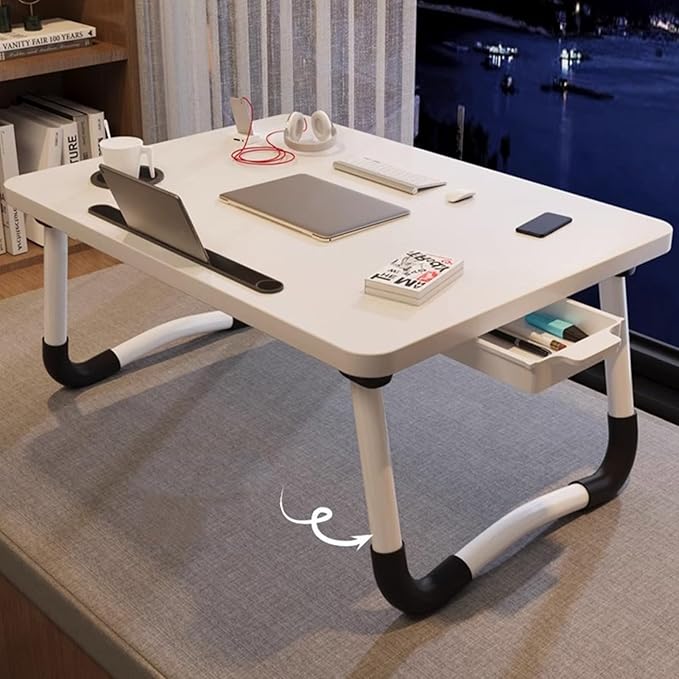 Respicefinem Laptop Bed Desk Foldable Portable Bed Table Tray Stand with Cup Holder Drawer for Reading Writing Eating On Sofa Floor White