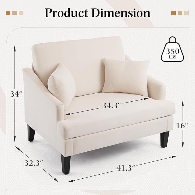 Bezseller Oversized Accent Chair, 33.5'' Wide Seat Comfy Armchair with 2 Pillows, Upholstered Big Reading Chair, Modern Single Sofa Chair for Living Room Bedroom Apartment Office, Beige