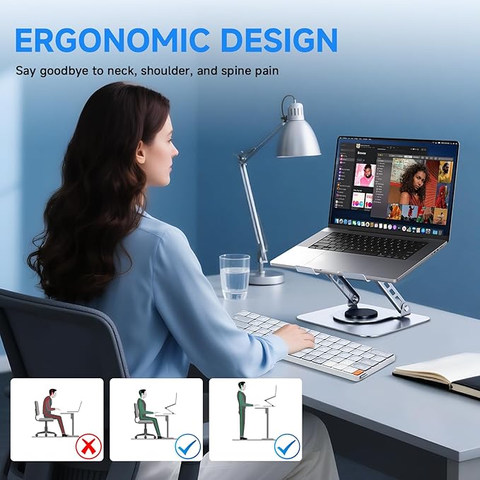 Leeboom Laptop Stand for Desk, Ergonomic 360° Rotating Aluminum Laptop Riser, Adjustable Notebook Holder Compatible with MacBook Air/Pro, Dell, HP, Lenovo (10-15.6 Inch, Silver)