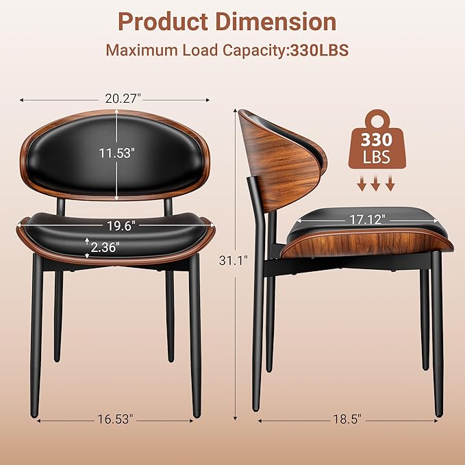 YaFiti Dining Chairs Set of 2, Dining Room and Kitchen Chairs, Mid Century Modern Retro Chair, Upholstered PU Leather Chairs for Vanity with Walnut Bentwood and Metal Legs (Black)