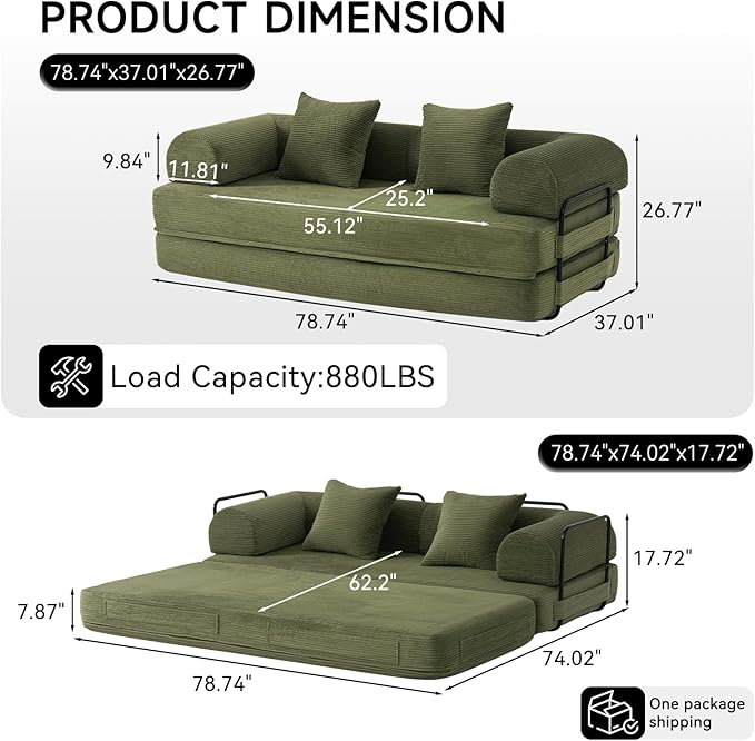 79" Folding Convertible Sofa Bed Floor Mattress Sleeper Sofa Boneless Loveseat with Fixed-Shape Frame Connecting Zippers for Living Room Bedroom Small Space