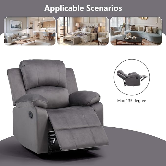 CANMOV Manual Recliner Chair Set of 2, Soft Fabric Overstuffed Recliner Single Sofa Chair for Living Room Bedroom, Heavy Duty and Safety Reclining Mechanism, Dark Grey