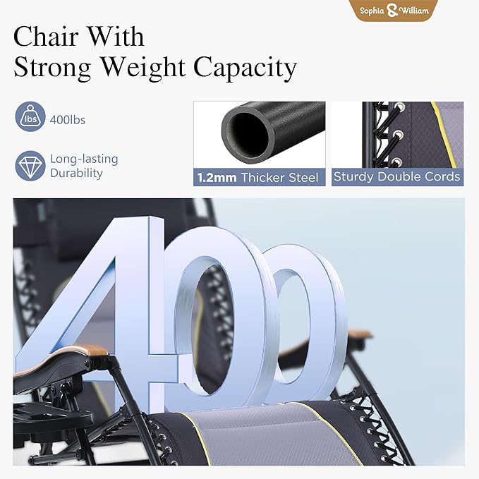 Sophia & William Oversized XL Zero Gravity Chair Padded Folding Lounge Chair with Cup Holder, Support 400 LBS, Grey
