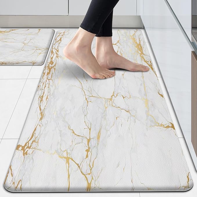 Kitchen Floor Mats Cushioned Anti Fatigue, White Marble Kitchen Rugs Set of 2 Non Slip Waterproof Memory Foam Kitchen Mat Comfort Standing Mat for Gold Kitchen Accessories and Décor
