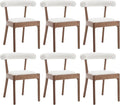 Kmax Dining Room Chairs Mid-Century Modern Fabric Kitchen Chairs with Natural Walnut Finished Frame, Linen Curved Back, Set of 6, White
