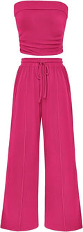 PRETTYGARDEN Womens Summer Outfits 2 Piece Sets Casual Ribbed Knit Crop Tube Top Wide Leg Pants Spring Matching Lounge Set