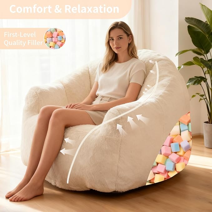 Bean Bag Chair, Giant Beanbag Chiars for Adults and Teens, Faux Fur Shell-Shaped Floor Sofa with Filler, Comfy Chair for Reading, Gaming and Relax (Beige)
