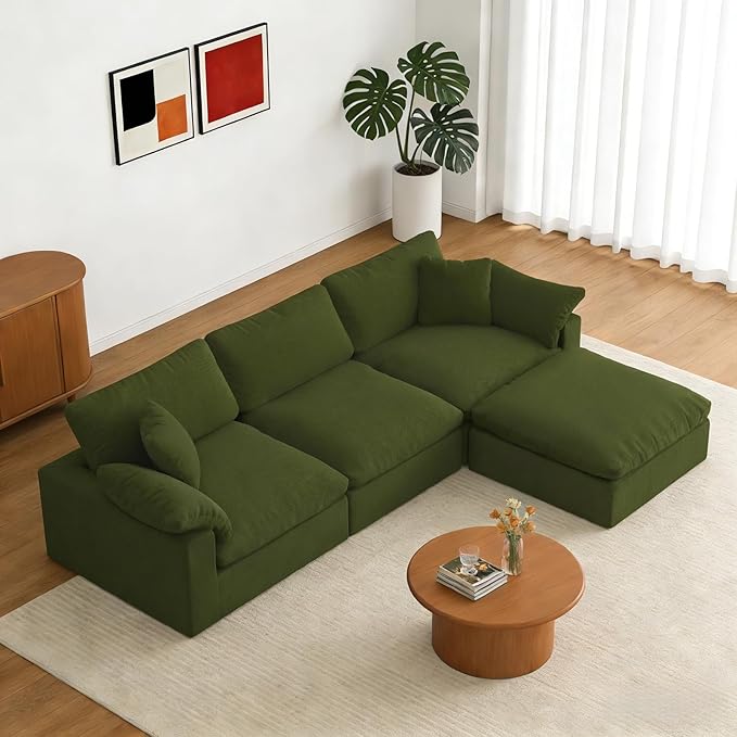 Forest aesthetics Modular Sectional Sofa Cloud Couch,Down Filled Comfy Cloud Modern Sofa,Green Linen L Shape Oversized Couch Cushion Covers Removable Furniture for Living Room