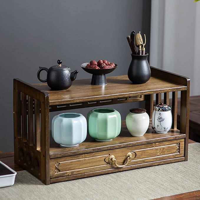 Low 3-Tier Meditation Table with Drawer,Bamboo Altar Tables,Puja Desks,Tatami Desk,20.4”W,Walnut Color