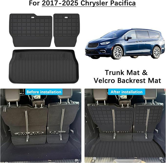 Cargo Mat for 2017-2024 2025 Chrysler Pacifica Fuel & Hybrid with Backrest Mat,TPE All Weather Protection Car Trunk Mat Covering The Backrest Mat with Velcro Fastener Accessories
