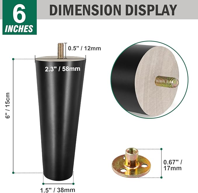 FoDau770 Black Rubber Wood Furniture Legs 6 Inches, Straight Tapered Wood Feet Mid Century Sofa Legs Set of 4, 5/16" UNC Furniture Feet for Cabinet Couch Dresser Chair Ottoman Table