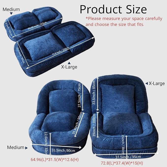 Foldable Lazy Sofa Bed Floor Chair - Adjustable Human Dog Bed for Adults Kids Floor Seats - Cozy Couch for Home Living Room (Black, Medium)