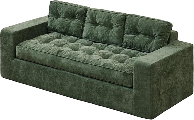Hobestluk 3-Seater Sofa Boneless Couch with Tufted Button Design 2 in 1 Comfy Cloud Couch Oversized Sofa for Living Room Bedroom Apartment or Office (Green, 3 Seater)