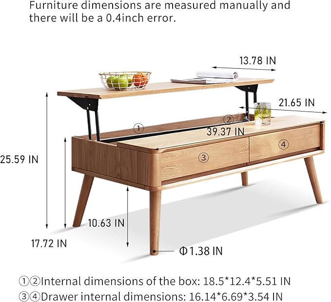 Lift Top Coffee Table with Storage - 100% Solid Oak Wood Lift Coffee Table - 39 Inch Wooden Coffee Table for Living,Dining and Working