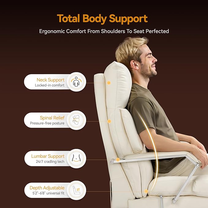 M76 Recline Office Chair with Footrest, 160° Infinite Reclining 10" Thick Executive Desk Chair, 420lb Heavy Duty Big and Tall, Adjustable Seat Depth, Cream