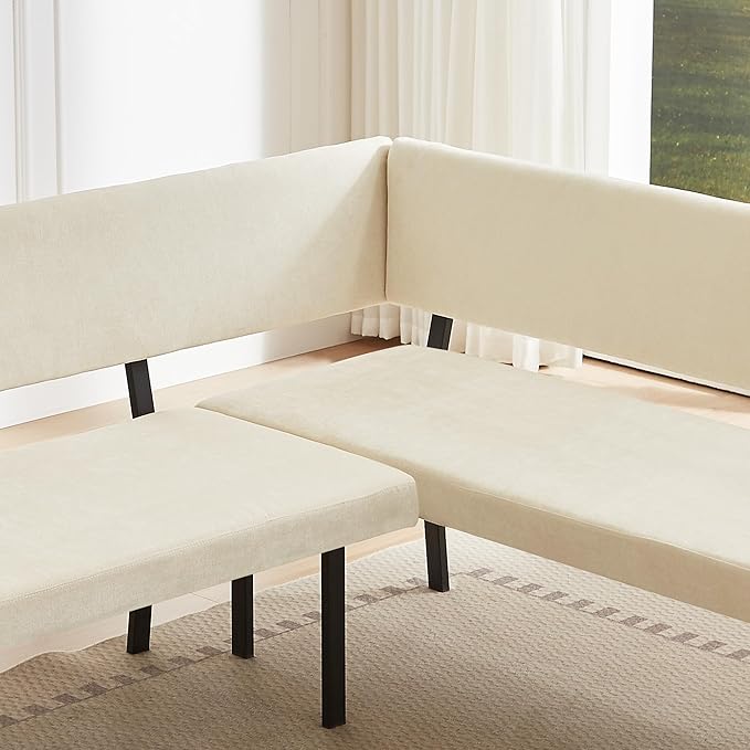 Modern L-Shaped Dining Bench, 67 Inch Fabric Upholstered Corner Sofa with Metal Legs for Kitchen Nook, Living Room, Dining Room (Beige)