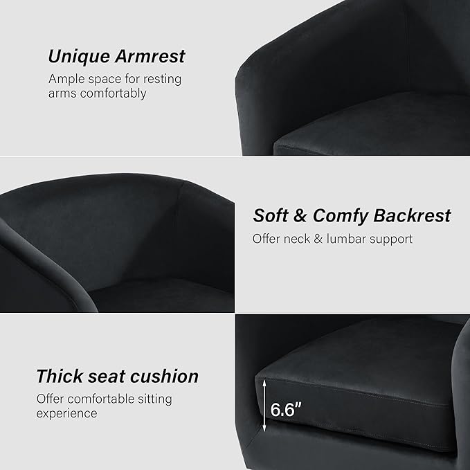 Swivel Barrel Chair, Modern Round PU Leather Accent Armchair for Living Room, Bedroom, Oversized Comfy Club Reading Chairs for Adults (Velvet Black, Set of 2)