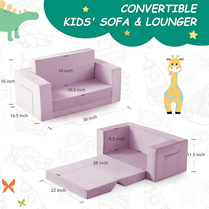 Kids Couch, 2-in-1 Toddler Chair Comfy 1-3 Years, Convertible Kids Chair, Toddler Couch That Fold Out, Kid Lounge Chairs for Boys and Girls, Soft Coral Fleece, Double, Purple