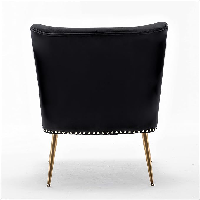 Container Furniture Direct Thia Armless Velvet Accent Chair for Living Room, Elegant Seat with Nailhead Trim, Gold Metal Legs and Comfortable Curved Back, 28" D x 25" W x 29.5" H, Black