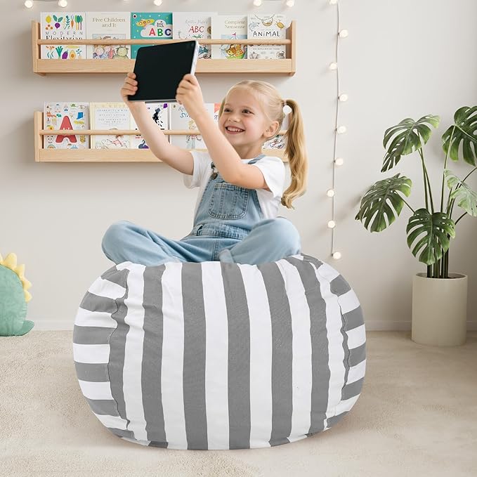 COMAX Bean Bag Chair for Kids, Kid Beanbag Chair Cute, Cotton Canvas Lazy Chair with Shredded Foam Filling, Stuffed Floor Sofa Couch for Boys and Girls, Grey