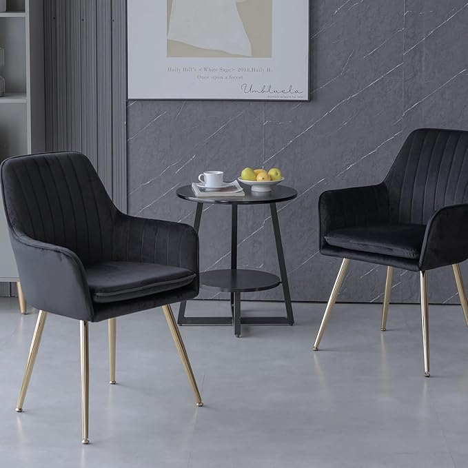 Purgreen Velvet Dining Chair Set of 6 - Modern Mid-Back Accent Chair with Gold Plating Legs - Comfy Upholstered Chair for Living Room，Restaurant & Reception Room (Velvet Black, Set of 6)
