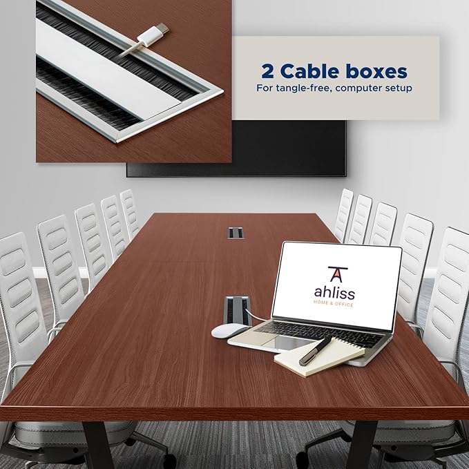 ahliss Sturdy Conference Table with Cable Management Grommets Modern Rectangle Office Meeting Table with Wood Tabletop and Metal Frame & Legs- Easy Assembly Boardroom Table (Mahogany, 10 Foot)