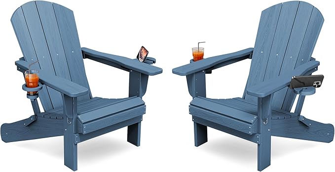 KINGYES Folding Adirondack Chair Set of 2, Dual Cup Holders & All-Weather HDPE, Wood-Like Patio Chair for Backyard, Camping, Pool & Fire Pit, Blue