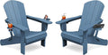 KINGYES Folding Adirondack Chair Set of 2, Dual Cup Holders & All-Weather HDPE, Wood-Like Patio Chair for Backyard, Camping, Pool & Fire Pit, Blue