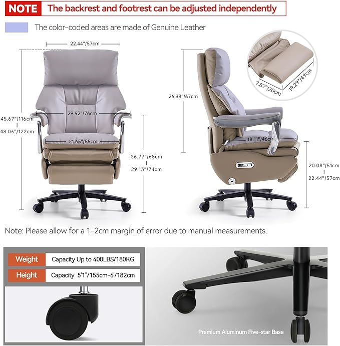 EMIAH Ergonomic Office Chair with Foot Rest Electric Executive Office Chair Reclining with Massage Big and Tall High Back Computer Chair with Wheels, Genuine Leather (Light Khaki)