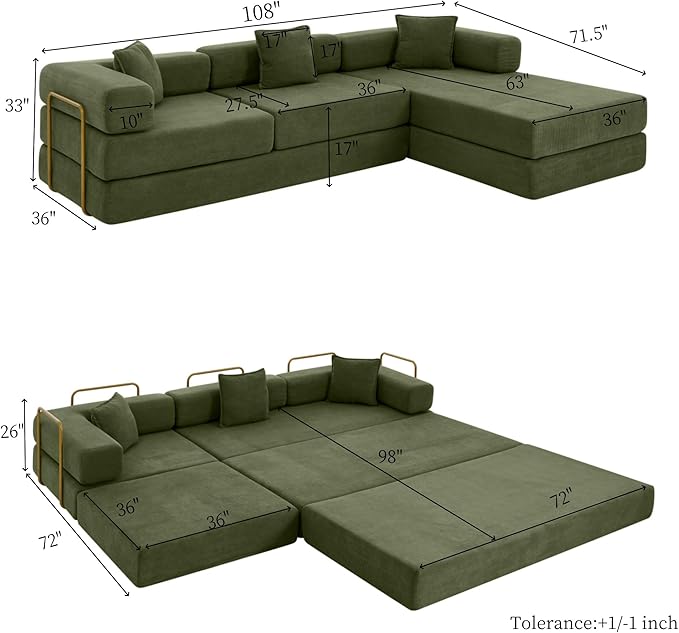 HANXIN 108" Modular Sectional Sofa, Futon Convertible Sofa Bed,Oversized Corduroy Boneless Couch for Living Room,Floor Loveseat Sleeper with Pull Out Bed,Free Combination,No Assembly Required (Green)