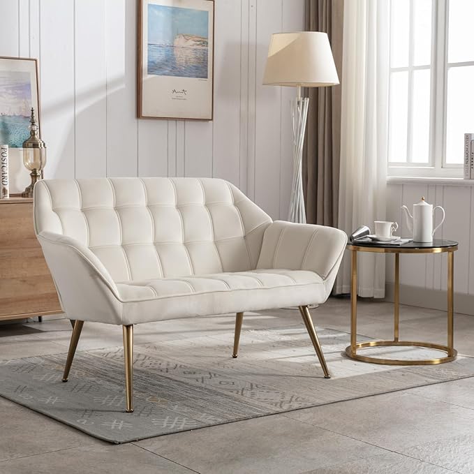 48" Small Loveseat Sofa, Mid Century Modern Velvet Love Seat with Golden Legs 2-Seat Sofa Couch Tufted Wingback Upholstered Sofa Chair for Living Room Bedroom Apartment, Cream