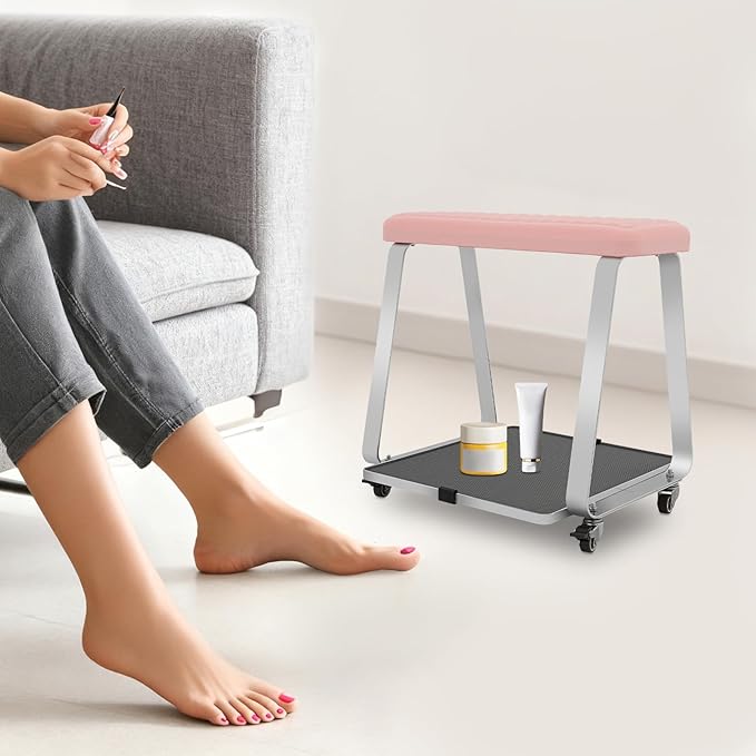 Pedicure Foot Rest, Portable Nail Salon Footrest with Organizer Tray, 110LBS Load Capacity, Lockable Casters for Beauty Nail Salon, Spa, Home, Clinic (Pink)