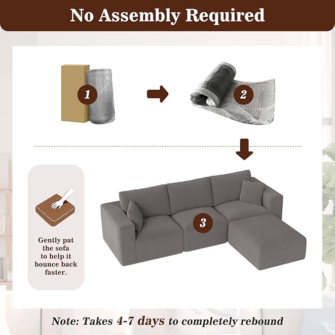 110" Modular Sectional Sofa, L-Shaped Boneless Couch, Memory Foam Cloud 3-Seater Sofa with Ottoman, No Assembly Required Corduroy Frameless Furniture for Living Room Home Decor, Grey