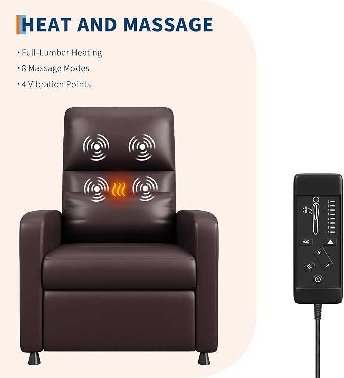 GarveeHome Power Recliner Chair - Heat and Massage, Adjustable Electric Recliner Ergonomic PU Leather Single Sofa, Tall Back, Padded Seat, Home Theater Seating for Living Room