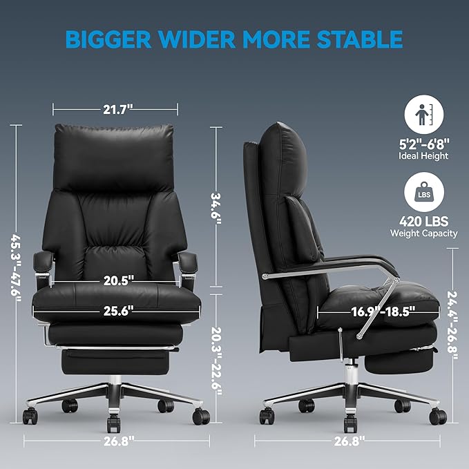 M76 Recline Office Chair with Footrest, 160° Infinite Reclining 10" Thick Executive Desk Chair, 420lb Heavy Duty Big and Tall, Adjustable Seat Depth, Black