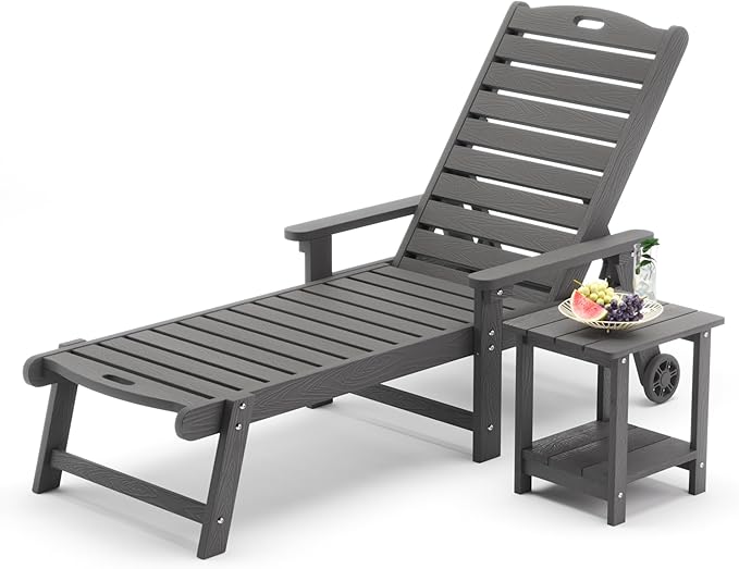 LUE BONA Chaise Lounge Chair with Table, 2-Piece, HDPS Chaise Lounger, 5 Positions Adjustable Lounge Chairs, Pool Lounge Chair with Wheels for Poolside, Backyard, Dark Gray