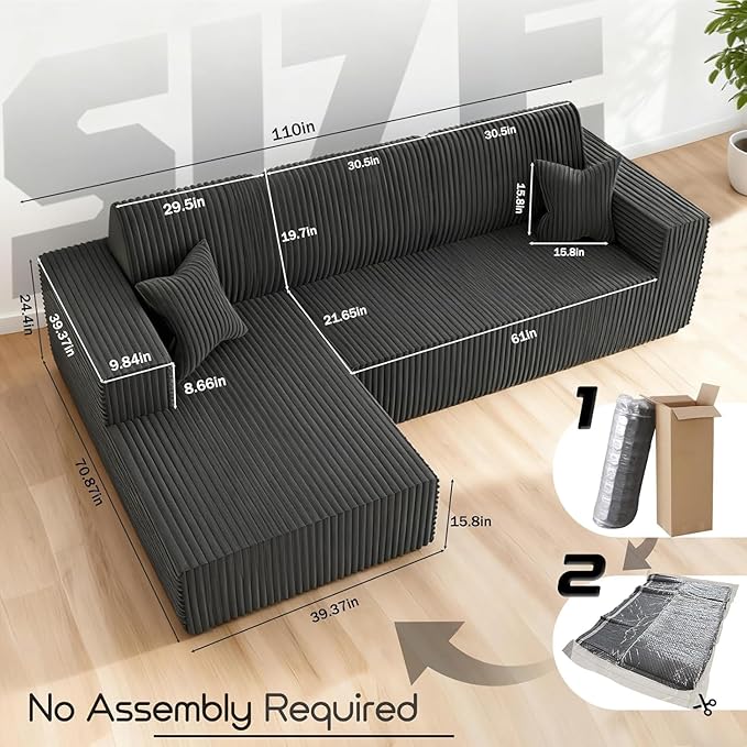 Komusou 110" Boneless Couch, Cloud Modular Sectional Sofa with L-Shape Chaise, Modern Upholstered Couches for Living Room Bedroom No Assembly Required (Grey, Left Facing Chaise)