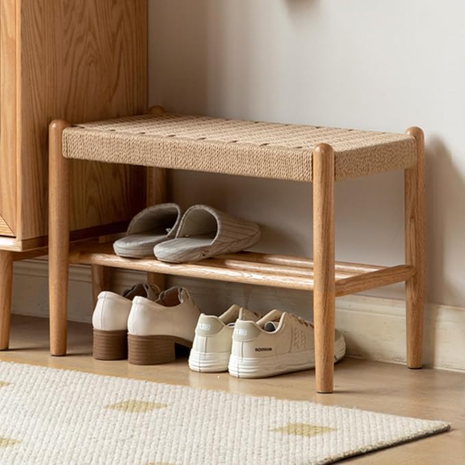 Vadisun Solid Oak Shoe Bench Assembled, Farmhouse Shoe Rack Bench with Woven Rope Design for Entryway, Living Room, Bedroom, Hallway, 11.8" x 31.5" x 16.1", Natural