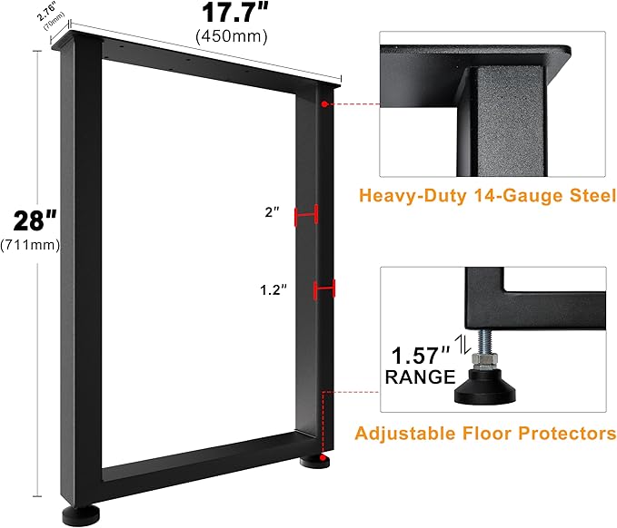 CHICAURA Heavy Duty Metal Table Legs 28x18 Inch, Modern Industrial Steel Square Frame for DIY Dining Table, Kitchen Table Base, Desk, Console, Supports 1000lbs(True 14-Gauge Steel), Set of 2 (Black)